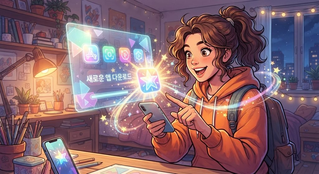 공식 앱을 설치하는 오리지널 캐릭터 디지털 페인팅 일러스트