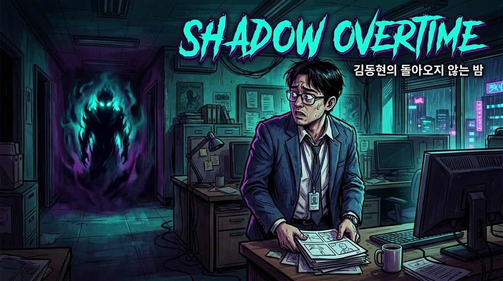 괴담과 직장 소재를 결합한 웹툰을 상징하는 오리지널 캐릭터 디지털 페인팅 일러스트