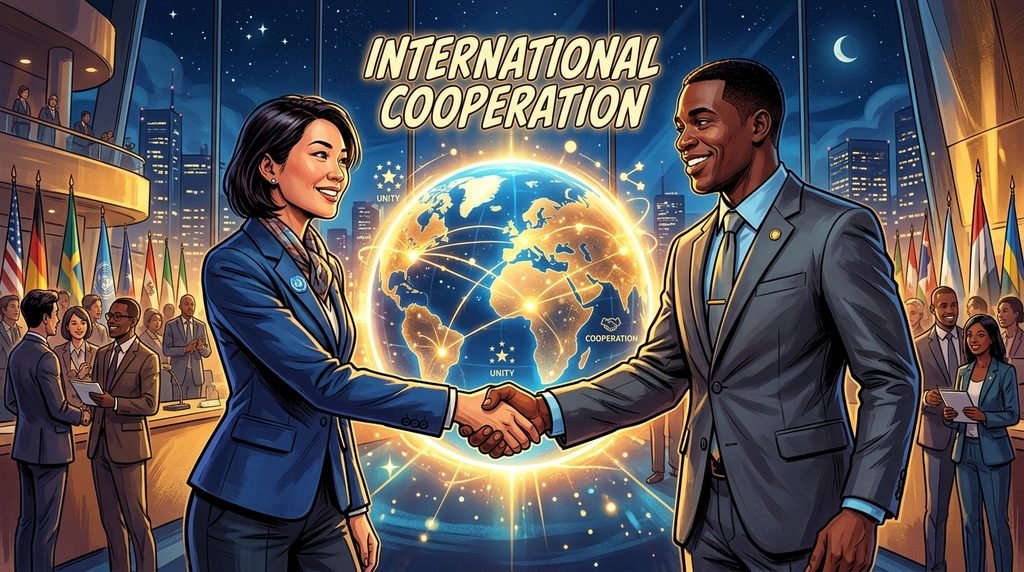 국제 공조 수사를 상징하는 두 오리지널 캐릭터의 디지털 페인팅 일러스트