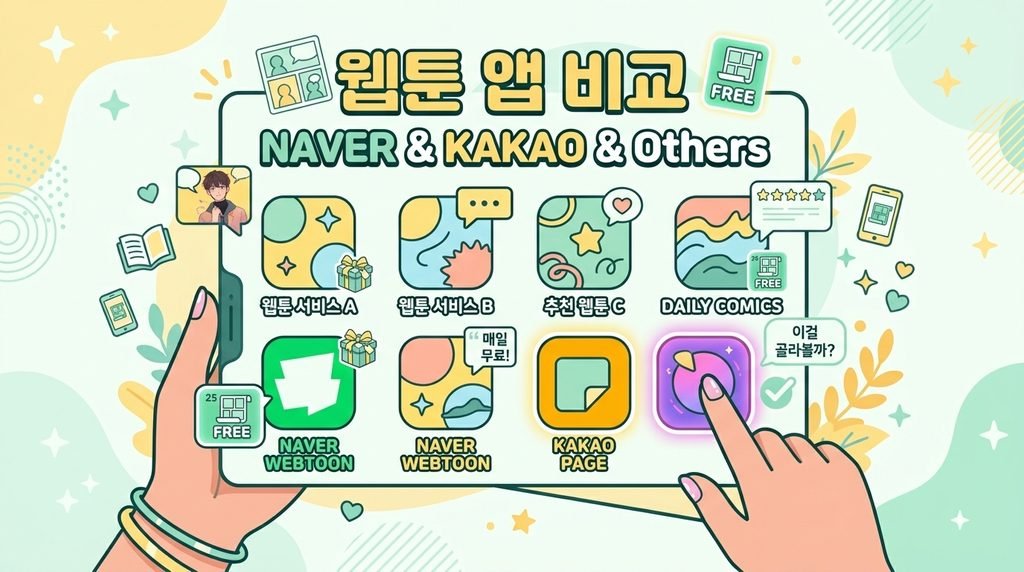 여러 웹툰 플랫폼 중 하나를 고르는 모습을 표현한 대표 일러스트