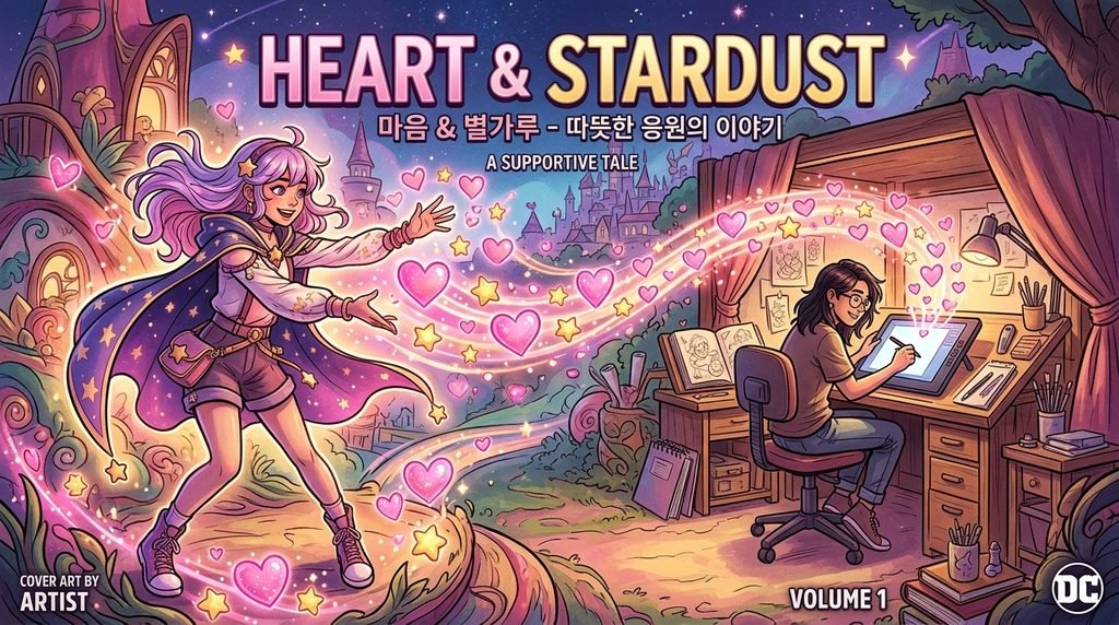 창작자를 응원하는 독자를 상징하는 하트 아이콘과 오리지널 캐릭터 디지털 페인팅 일러스트