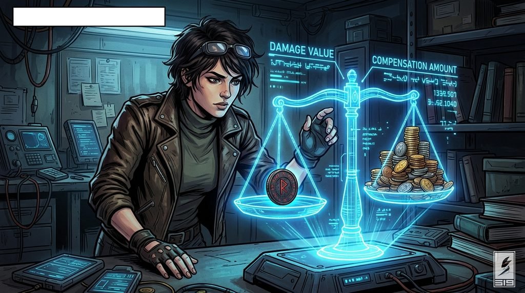 피해 규모와 배상액의 차이를 상징하는 디지털 페인팅 일러스트